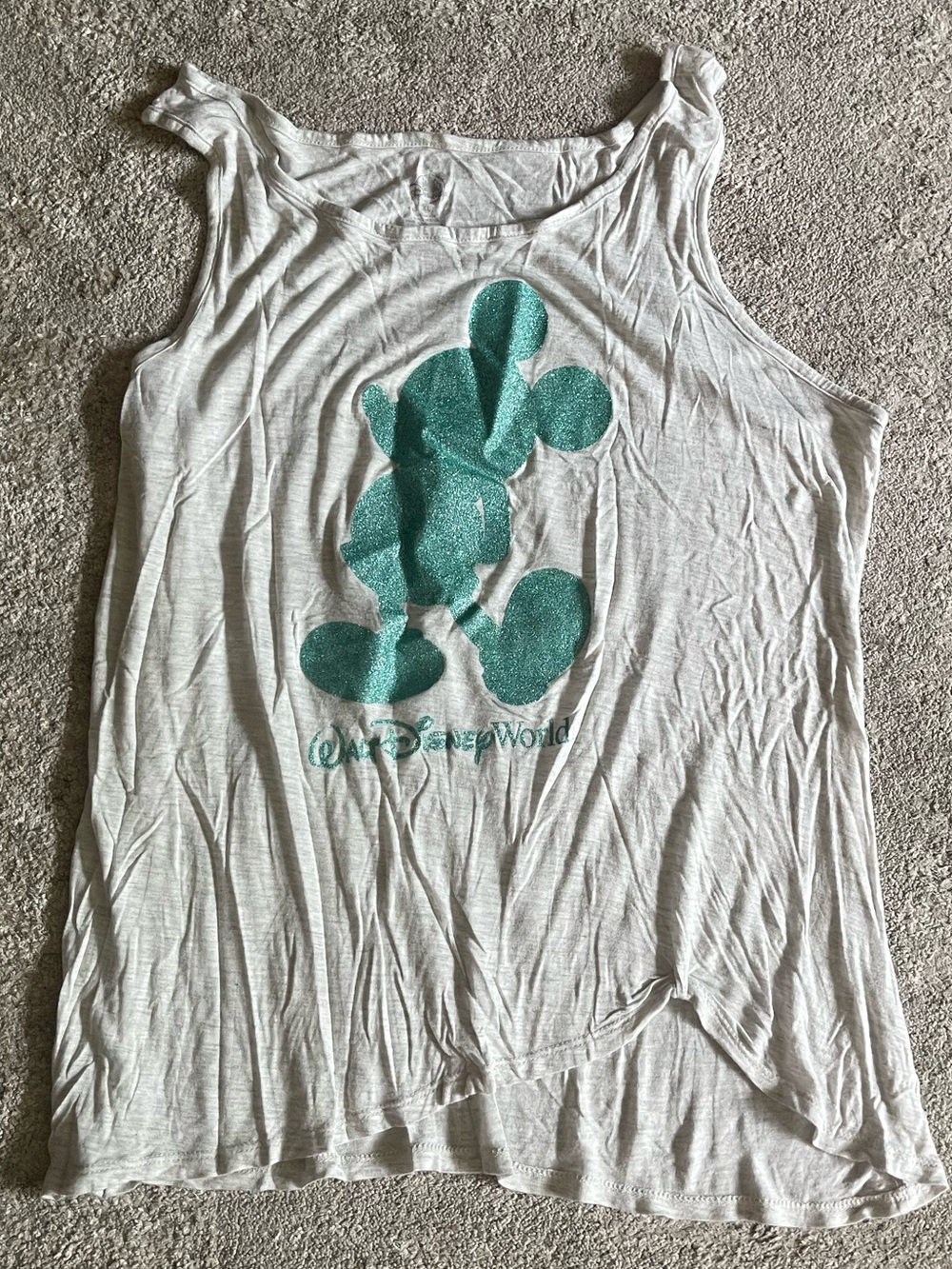 Disney Parks Women's Light Grey Tank Top with Teal Mickey Graphic